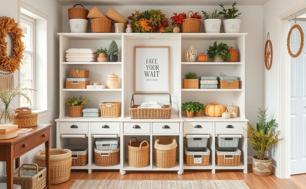 A neatly organized home with seasonal decor and storage solutions.
