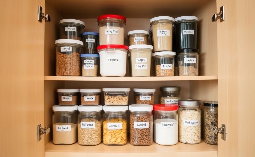 A neatly organized kitchen cabinet filled with labeled containers and jars.