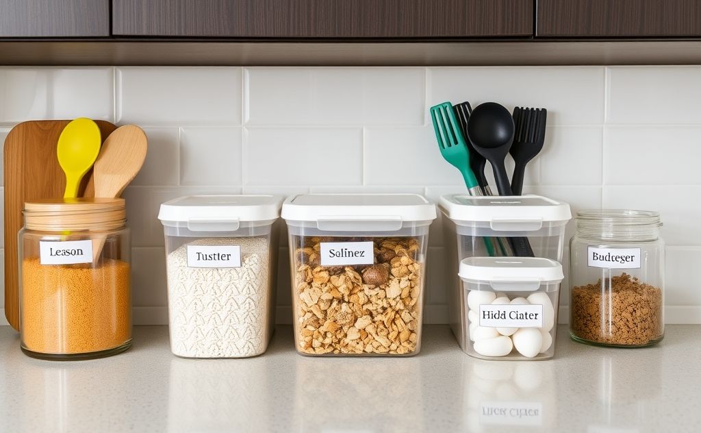 A neatly organized kitchen counter with labeled containers and tools.