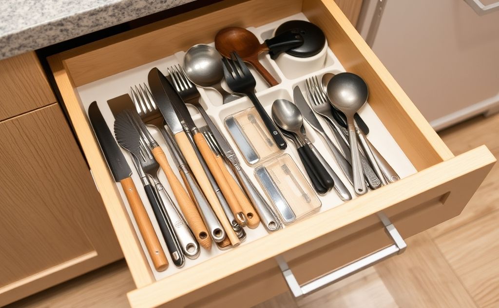 A neatly organized kitchen drawer filled with utensils and tools.