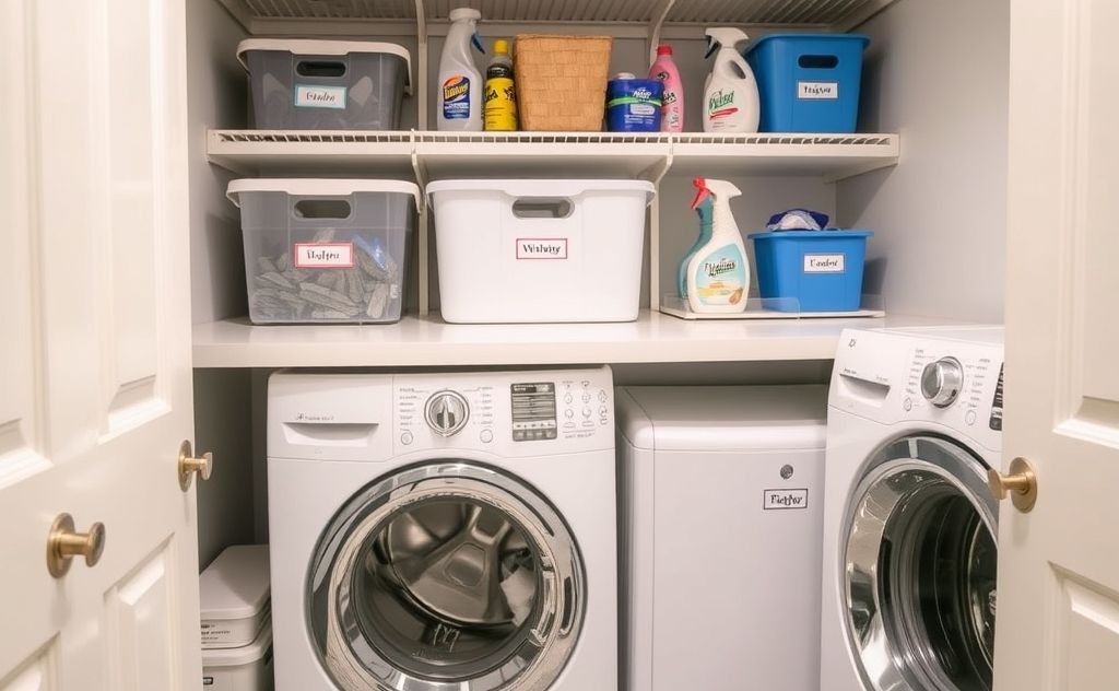 A neatly organized laundry room with labeled storage bins and cleaning supplies.