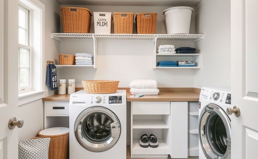A neatly organized laundry room with vertical storage solutions.