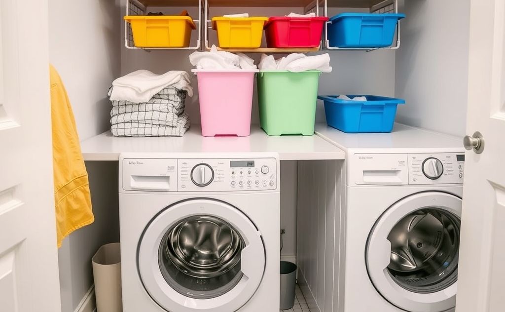 A neatly organized laundry sorting station with colorful bins.