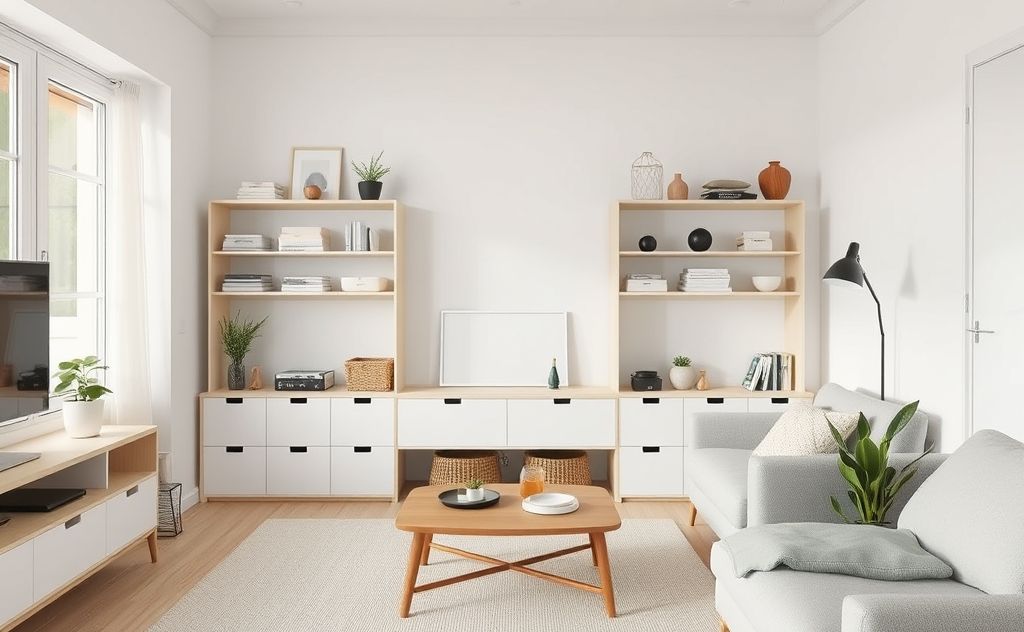 A neatly organized minimalist living space with simple storage solutions.