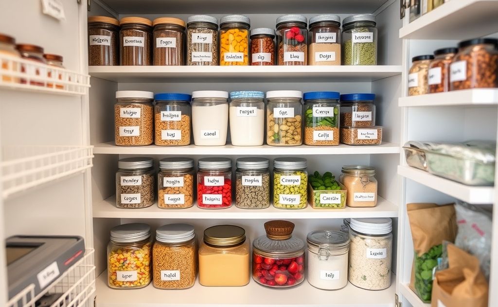 A neatly organized pantry with labeled containers and colorful ingredients.