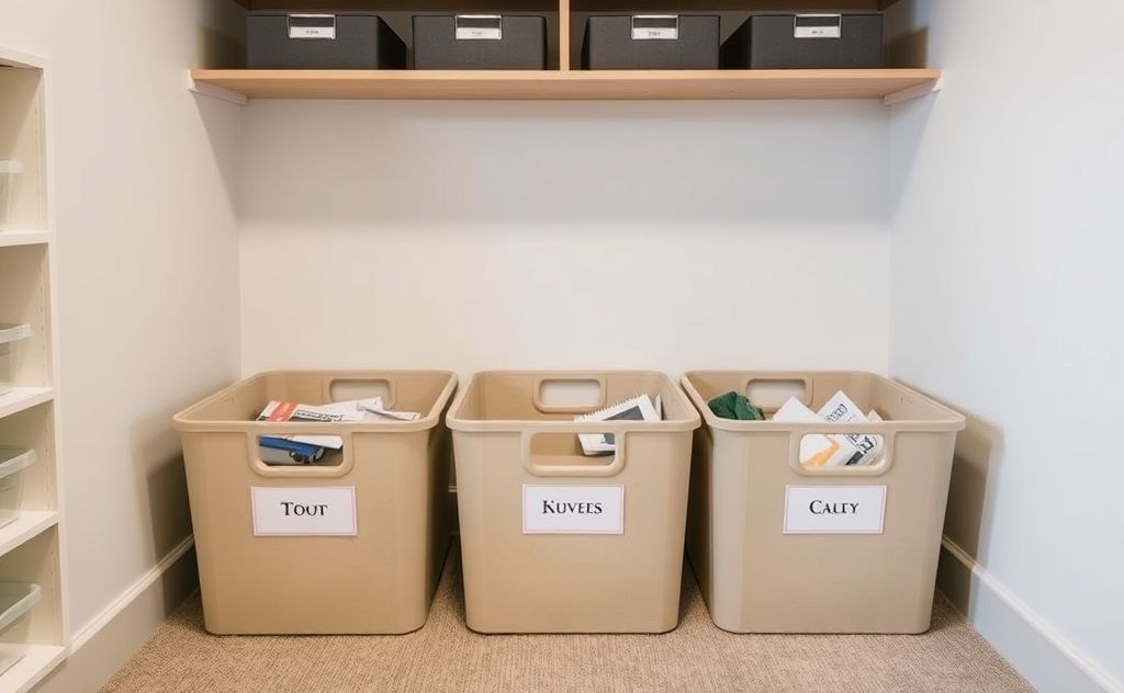 A neatly organized room with four labeled boxes for sorting items.