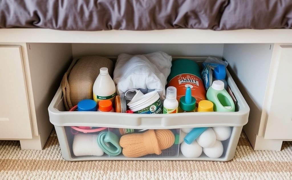 A neatly organized under-bed storage bin filled with household items.