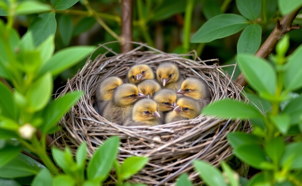 A nest filled with baby finches surrounded by green foliage.