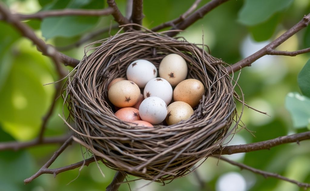 A nest filled with various bird eggs in a tree branch.