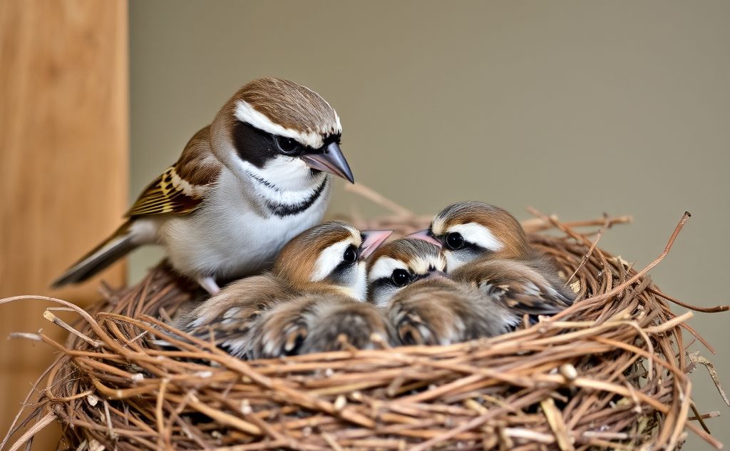 A nest of baby sparrows being fed by a parent bird.