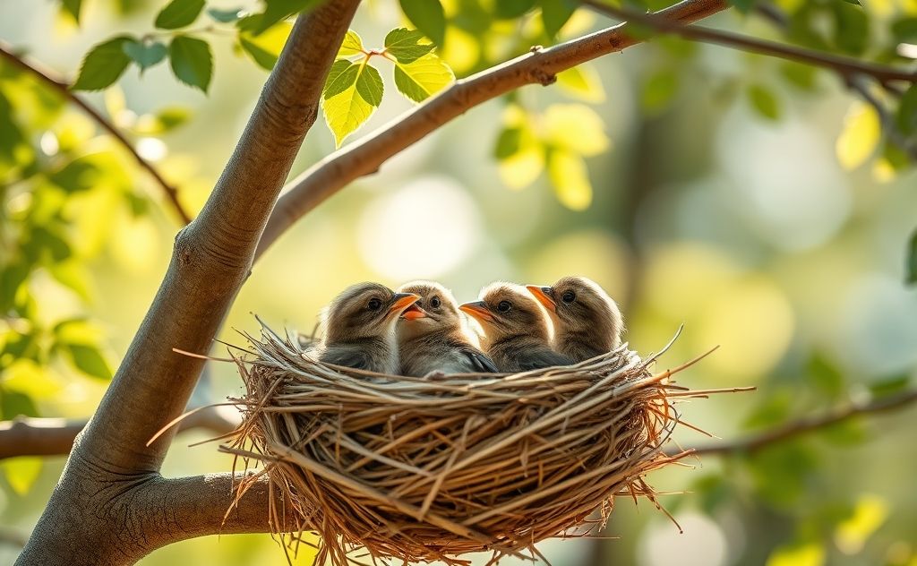 A nest of baby sparrows being fed by their parent birds.