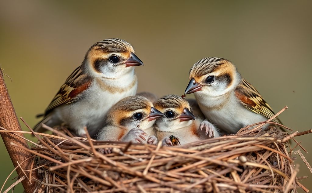 A nest of baby sparrows being fed by their parents with insects.