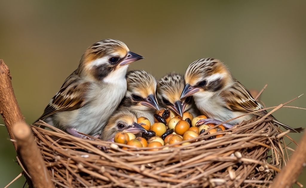 A nest of baby sparrows being fed insects and seeds.