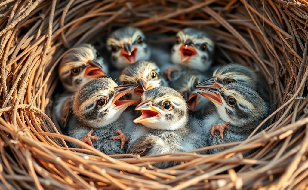 A nest of baby sparrows chirping with open beaks for food.