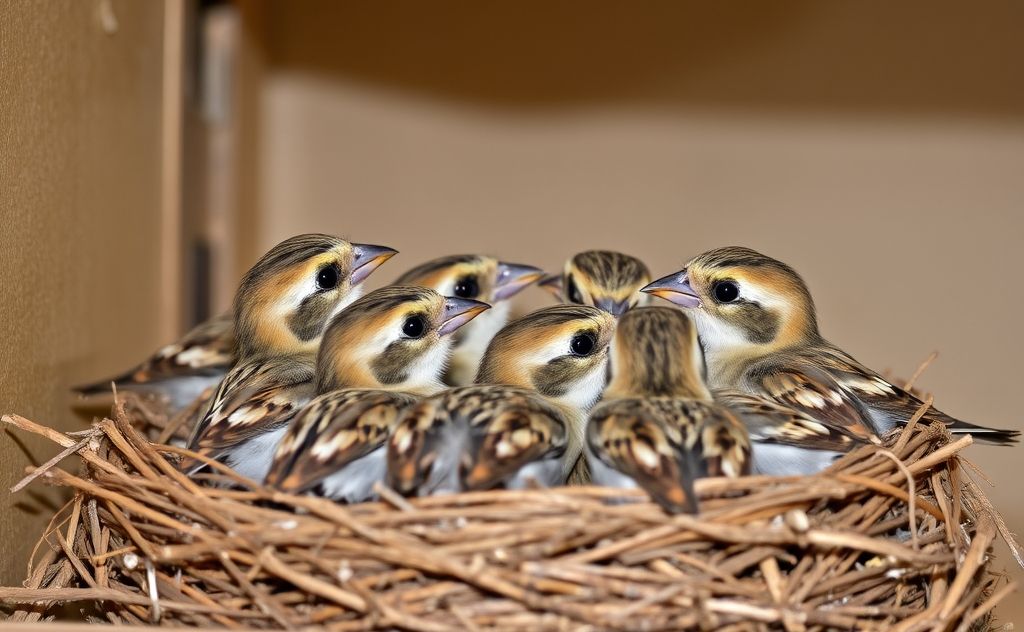A nest of baby sparrows eagerly waiting for food from a parent.