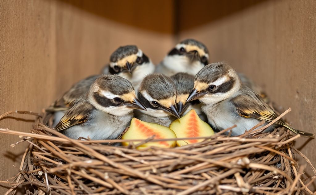 A nest of baby sparrows learning to eat solid food.