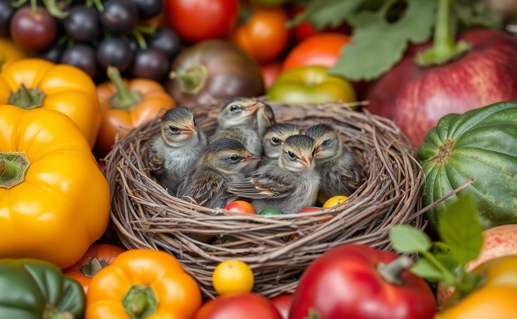 A nest of baby sparrows surrounded by colorful fruits and vegetables.