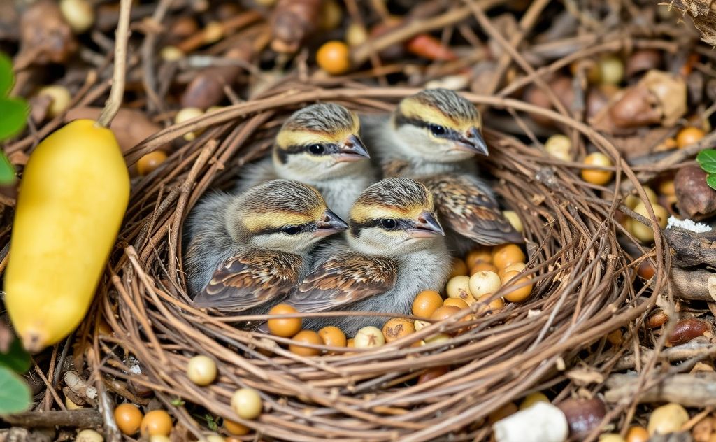 A nest of baby sparrows surrounded by natural food sources.
