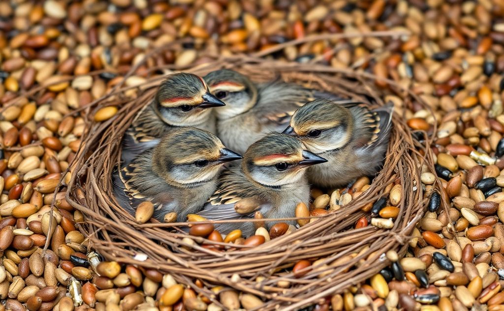 A nest of baby sparrows surrounded by seeds and insects.