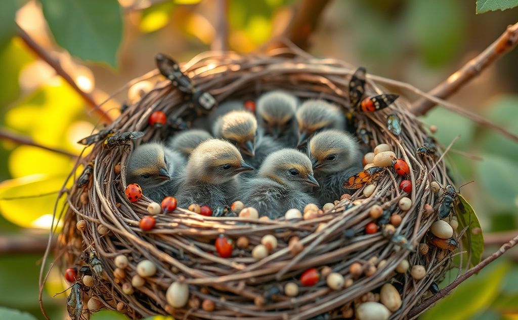 A nest of baby sparrows surrounded by various insects and seeds.