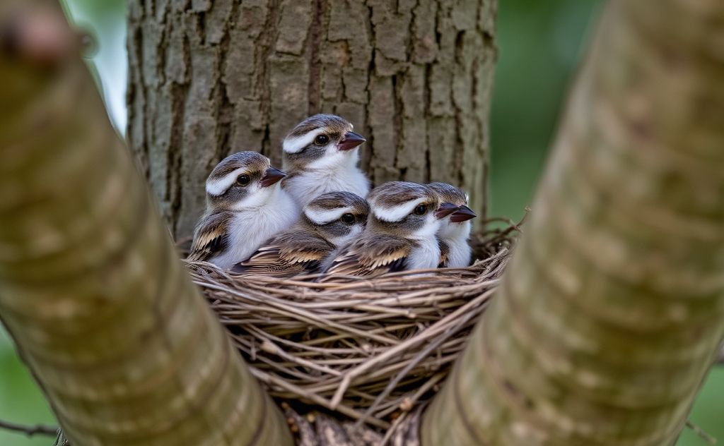 A nest of baby sparrows waiting for food in a cozy tree.