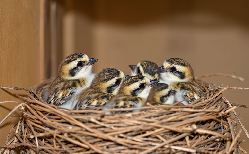 A nest of baby sparrows waiting to be fed by their parent.