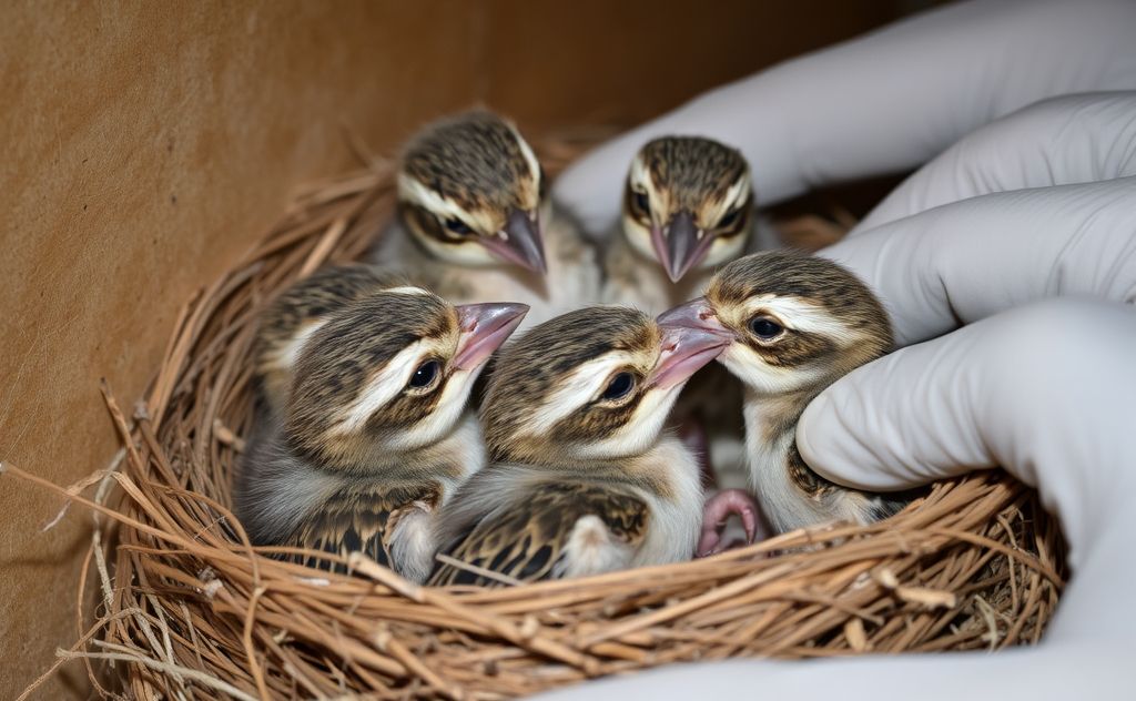 A nest of orphaned baby sparrows being fed by a caregiver.