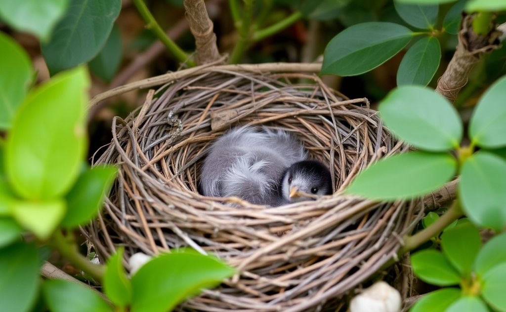 A nest with a baby bird and natural foliage surrounding it.