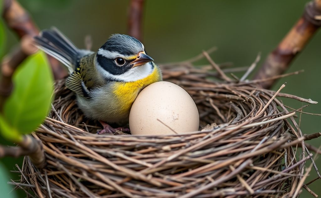 A nest with a bird pushing out another bird's egg.