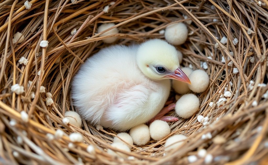 A nest with a featherless baby bird surrounded by soft bedding.