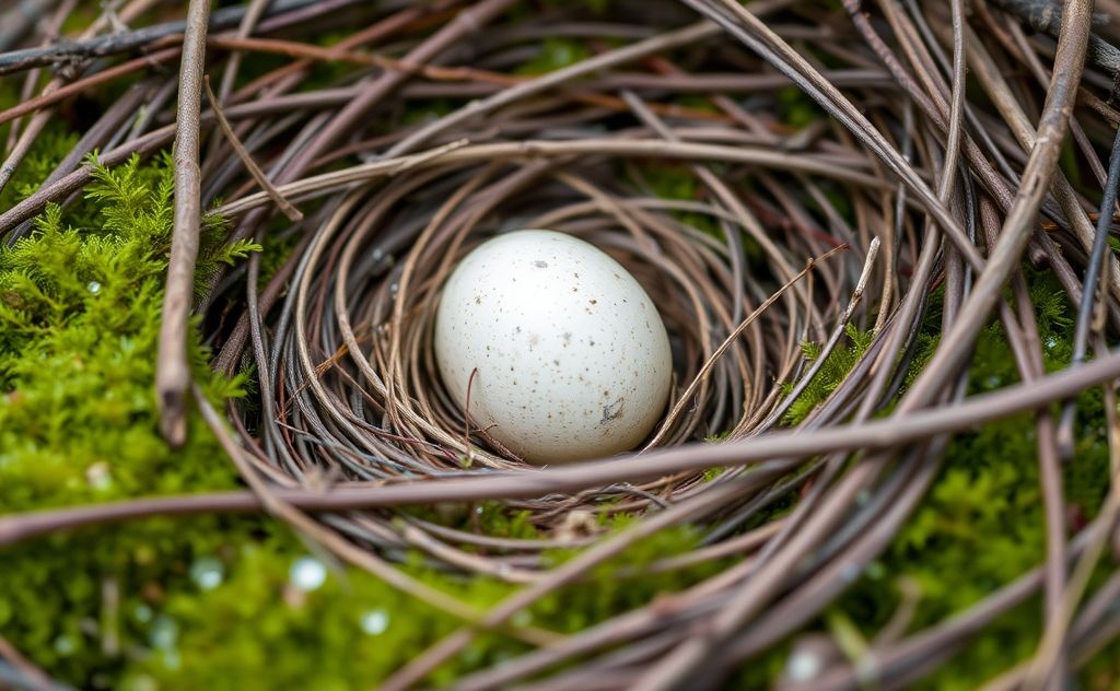 A nest with a solitary bird egg nestled among soft moss and twigs.