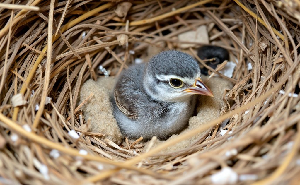A nest with a tiny sparrow chick surrounded by soft bedding materials.