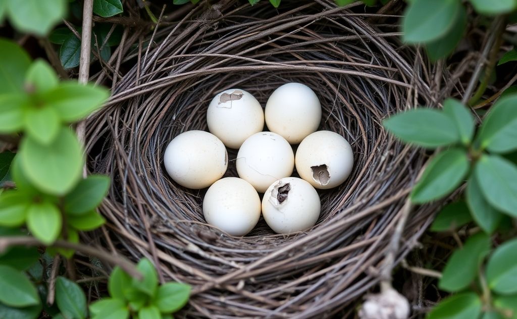 A nest with abandoned eggs surrounded by foliage and twigs.