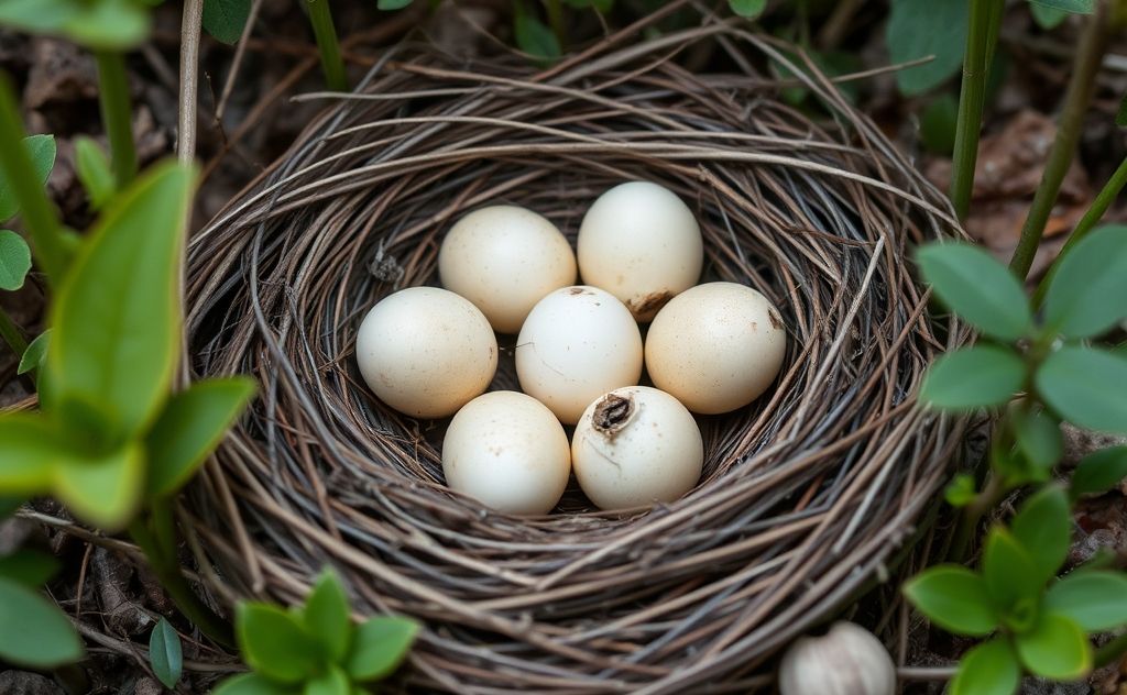 A nest with abandoned eggs surrounded by nature.