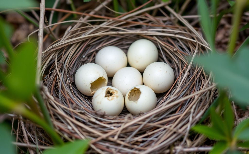 A nest with abandoned finch eggs in a natural setting.