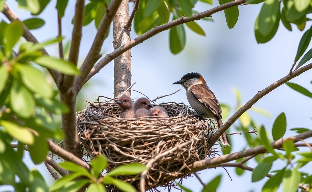 A nest with baby birds and a parent bird in a tree.
