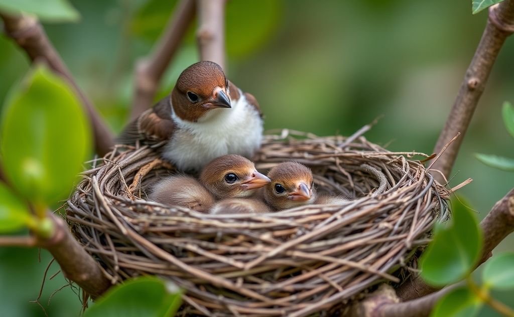 A nest with baby birds waiting to be fed by their mother.