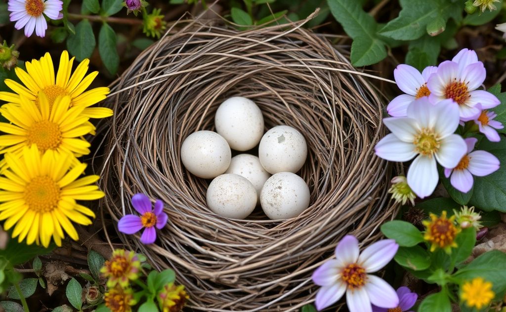 A nest with bird eggs surrounded by seasonal flowers and foliage.