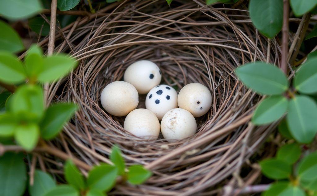 A nest with bird eggs surrounded by soft foliage and twigs.