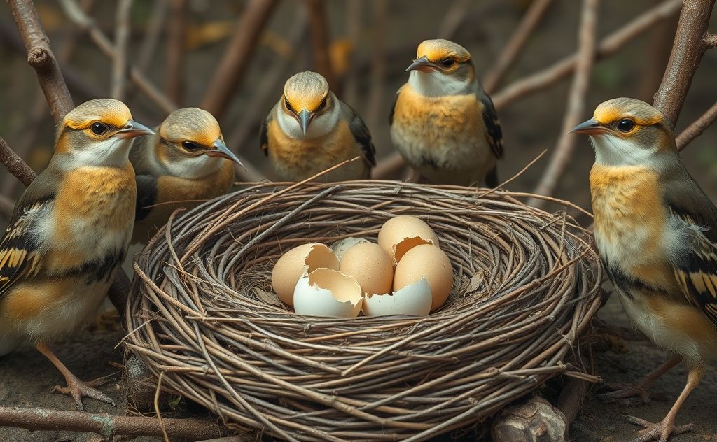 A nest with broken eggs surrounded by watchful birds.