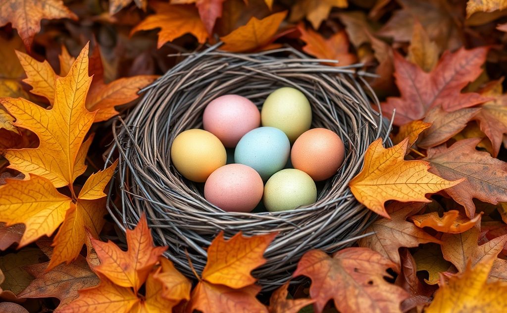 A nest with colorful eggs among autumn leaves.