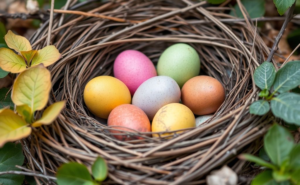 A nest with colorful eggs nestled among twigs and leaves.