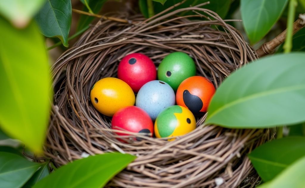 A nest with colorful parrot eggs nestled among leaves.