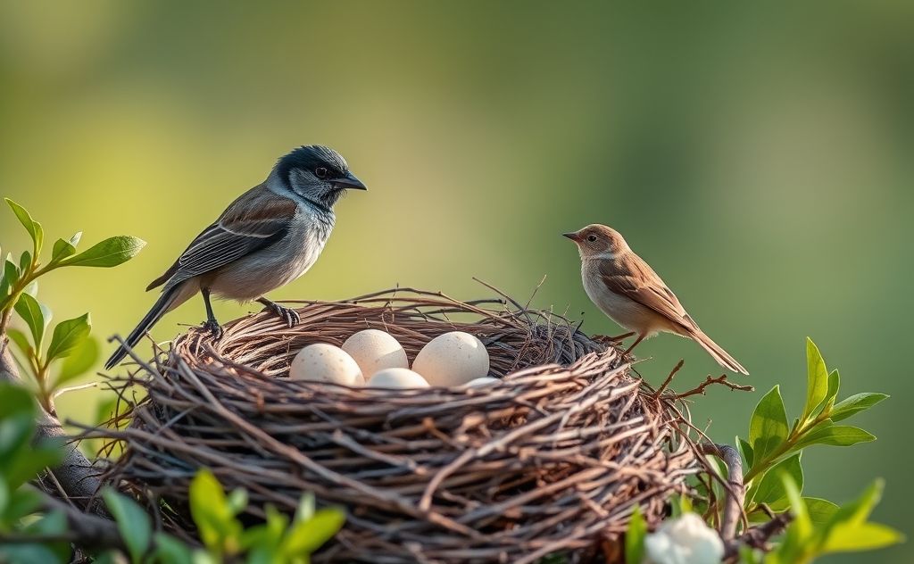A nest with eggs and a bird perched nearby in a serene setting.