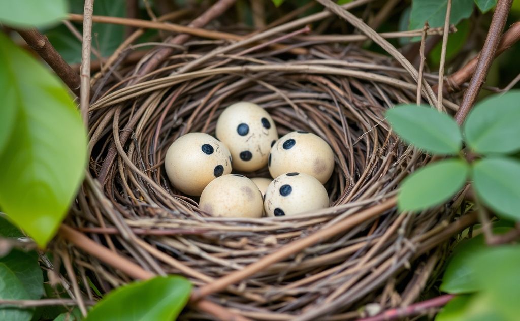 A nest with finch eggs nestled among twigs and leaves.