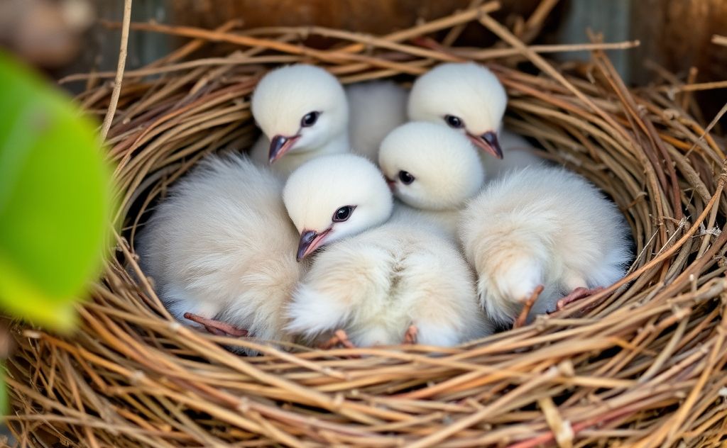 A nest with fluffy baby doves nestled together.