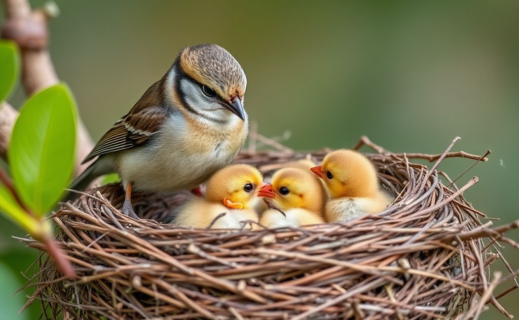 A nest with mother bird feeding her chicks with worms.