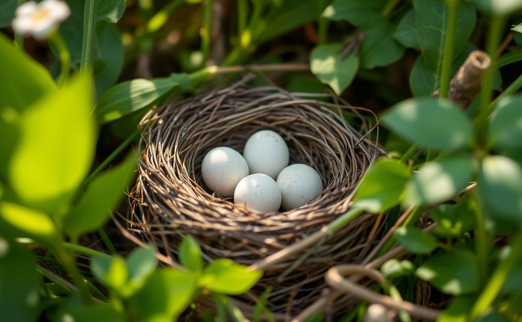 A nest with unguarded bird eggs surrounded by natural foliage.