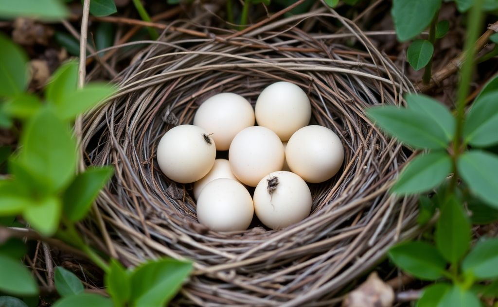 A nest with unhatched eggs surrounded by nature.