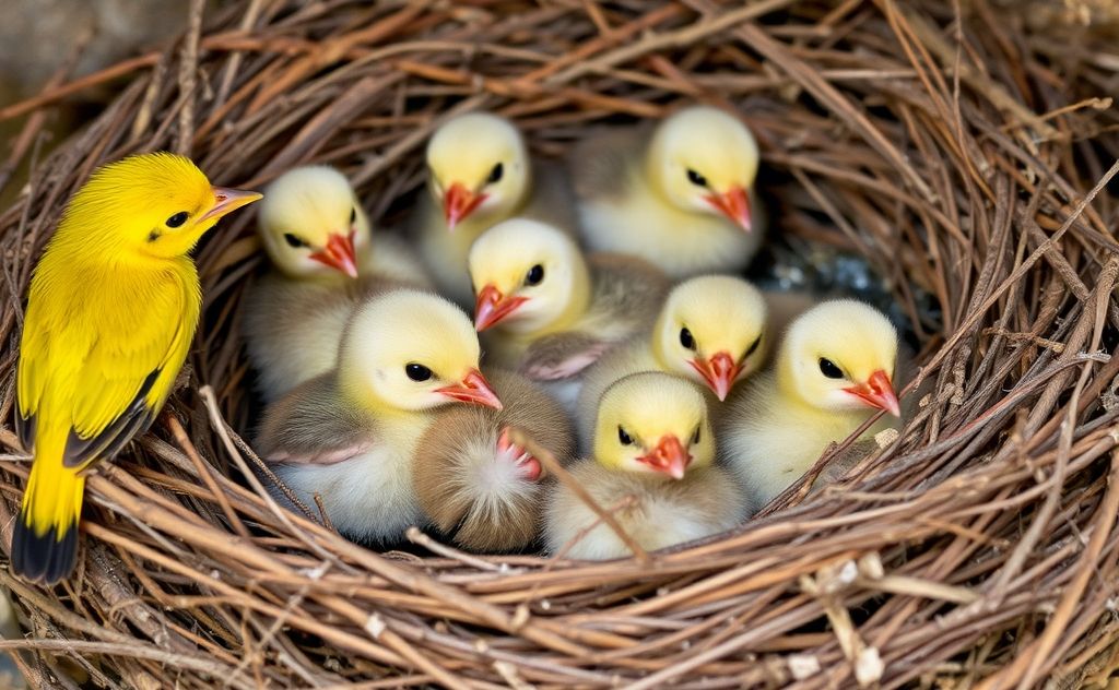 A nest with various bird chicks of different species.